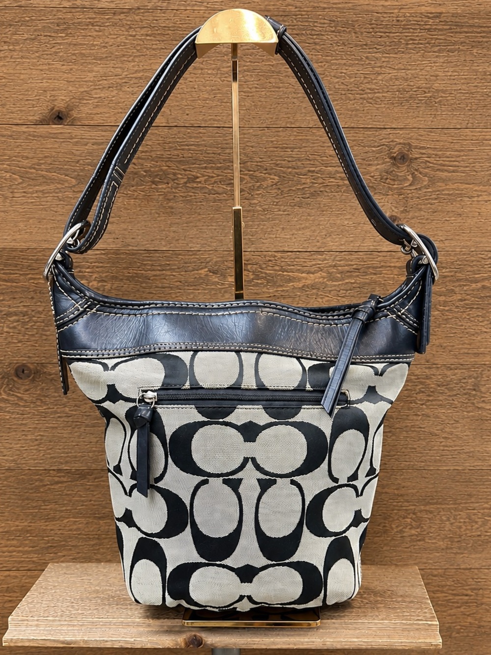 Coach Signature Black Ivory Jacquard Canvas Bucket Hobo Shoulder Bag F13358
